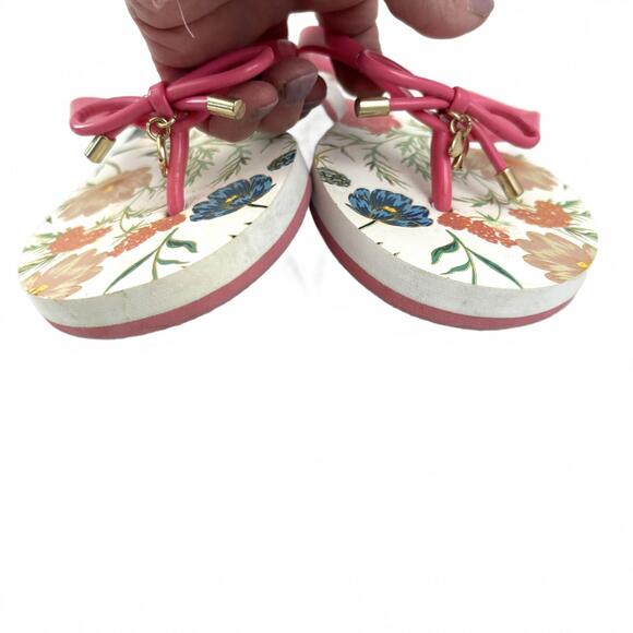 Kate Spade | Flip Flop Thong Sandals White Pink Bow Gold Spade Floral Size 8 - Picture 2 of 6
